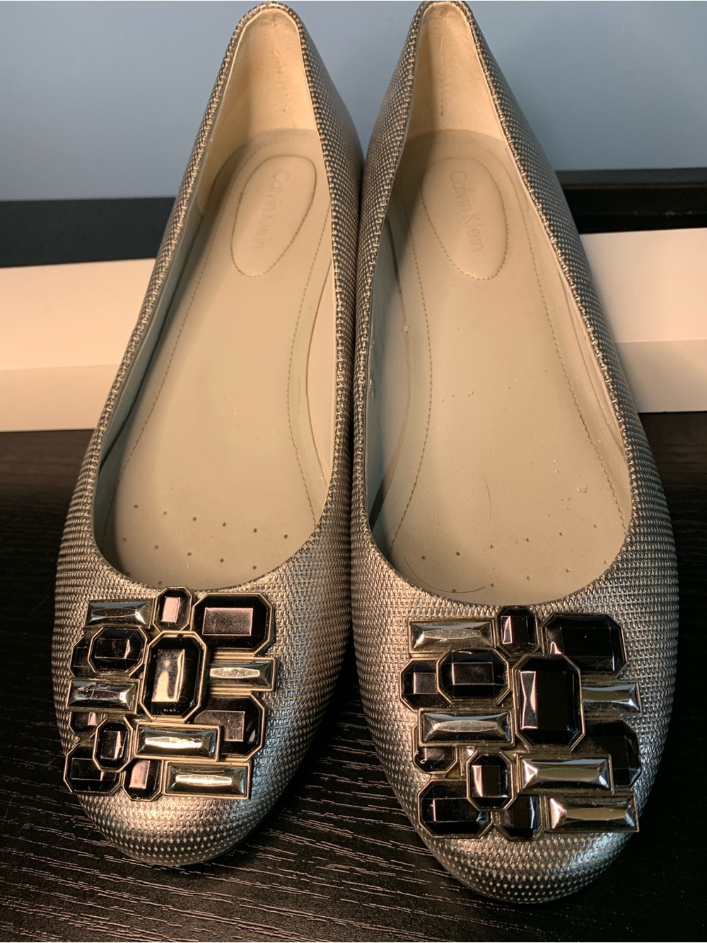 Calvin Klein Lindsay Metallic Silver Jeweled Ballet Flats